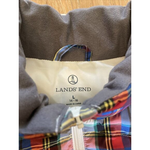 Lands' End White Red Blue Plaid Full Zip Puffer Vest Women's Size Large L 14/16 - Picture 2 of 6